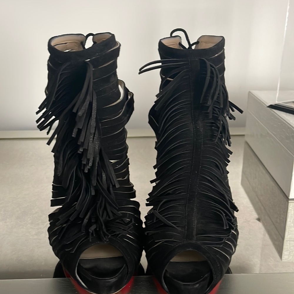 Christian Louboutin Deva Fringe 120 Bootie Heels Black Suede